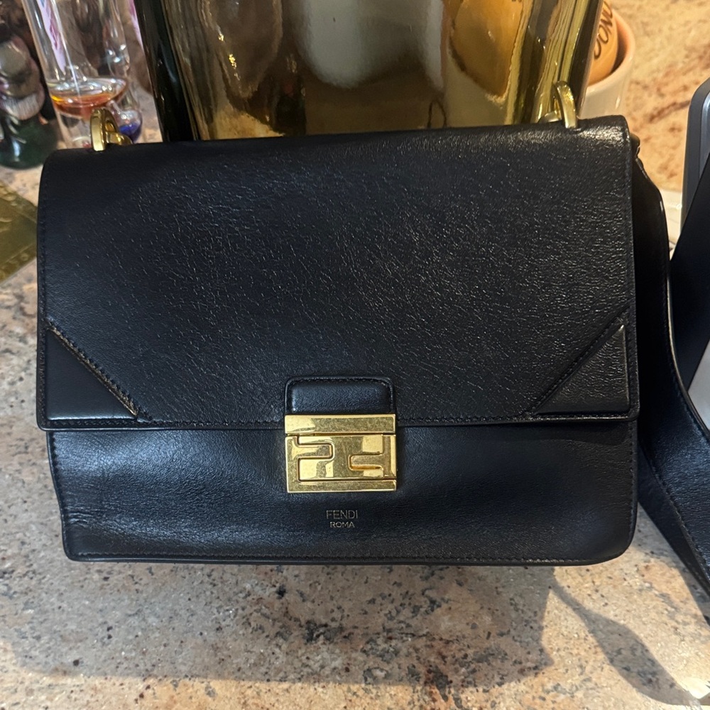 Fendi Black Leather Crossbody with Gold Accents